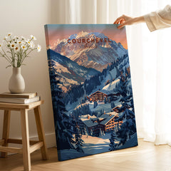 Courchevel Travel Poster - France featuring stunning ski slopes and mountain scenery.