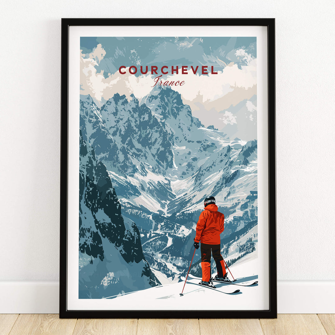 Courchevel Ski Poster showcasing a skier in front of majestic mountains in Courchevel, France, perfect for ski enthusiasts.