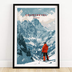 Courchevel Ski Poster showcasing a skier in front of majestic mountains in Courchevel, France, perfect for ski enthusiasts.