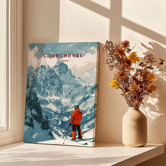 Courchevel Ski Poster featuring skier on slopes with mountain backdrop, ideal for ski enthusiasts and home decor.