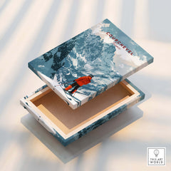 Courchevel Ski Poster showcasing a skier against a stunning snowy mountain backdrop, perfect for ski enthusiasts.