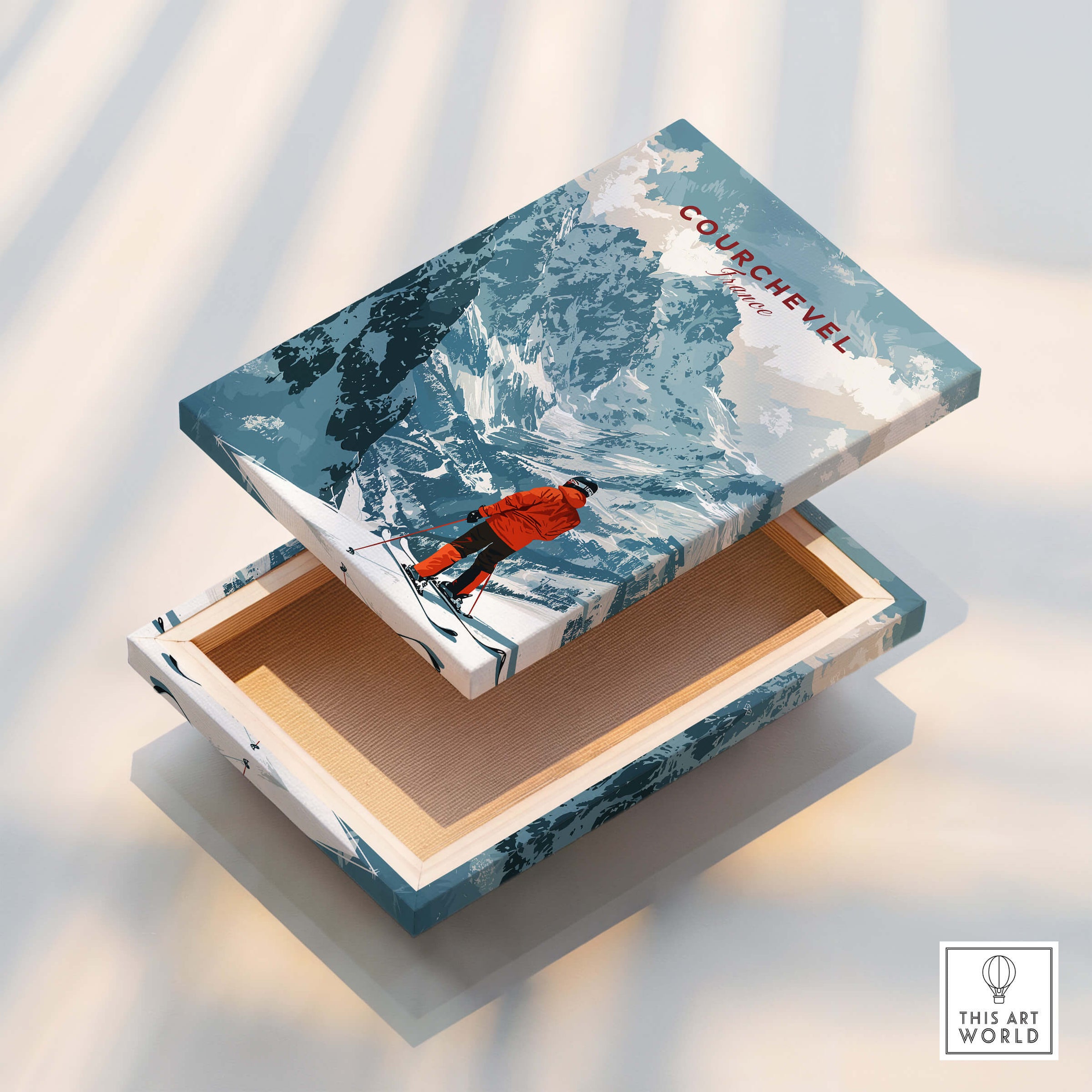 Courchevel Ski Poster showcasing a skier against a stunning snowy mountain backdrop, perfect for ski enthusiasts.