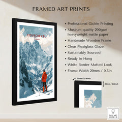 Framed Courchevel Ski Poster with mountains and skier, showcasing professional giclée printing and handmade wooden frame.