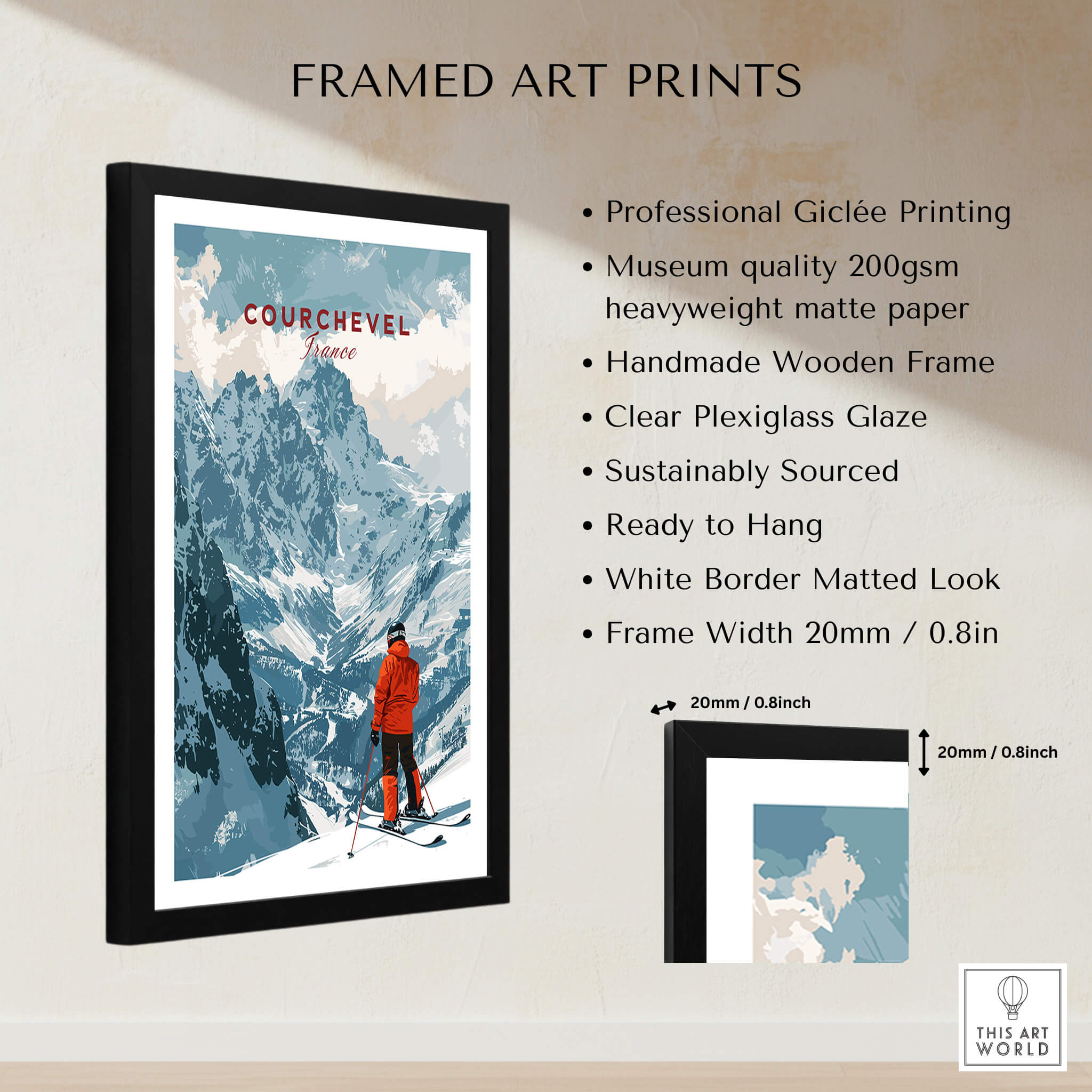 Framed Courchevel Ski Poster with mountains and skier, showcasing professional giclée printing and handmade wooden frame.