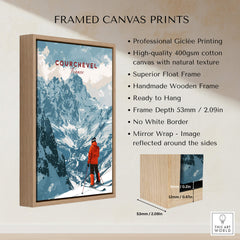 Courchevel Ski Poster framed print showcasing a skier in front of the snowy mountains, perfect for ski enthusiasts.
