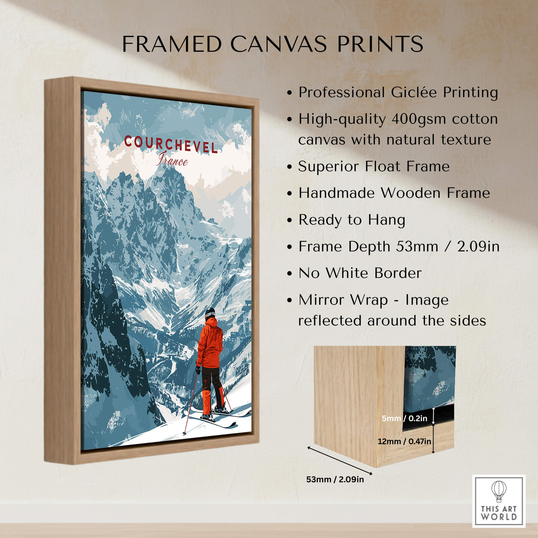 Courchevel Ski Poster framed print showcasing a skier in front of the snowy mountains, perfect for ski enthusiasts.