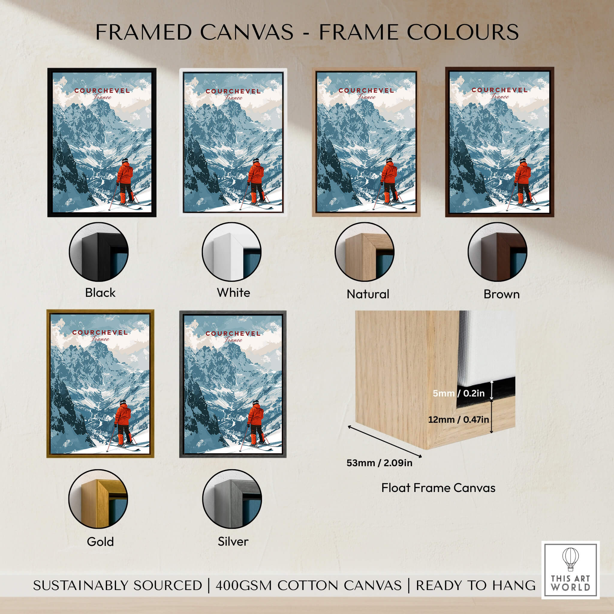 Courchevel Ski Poster displayed in various frame colors including black, white, natural, brown, gold, and silver.