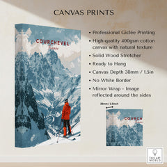 Courchevel Ski Poster showcasing a skier on a mountain with detailed info on canvas print features.
