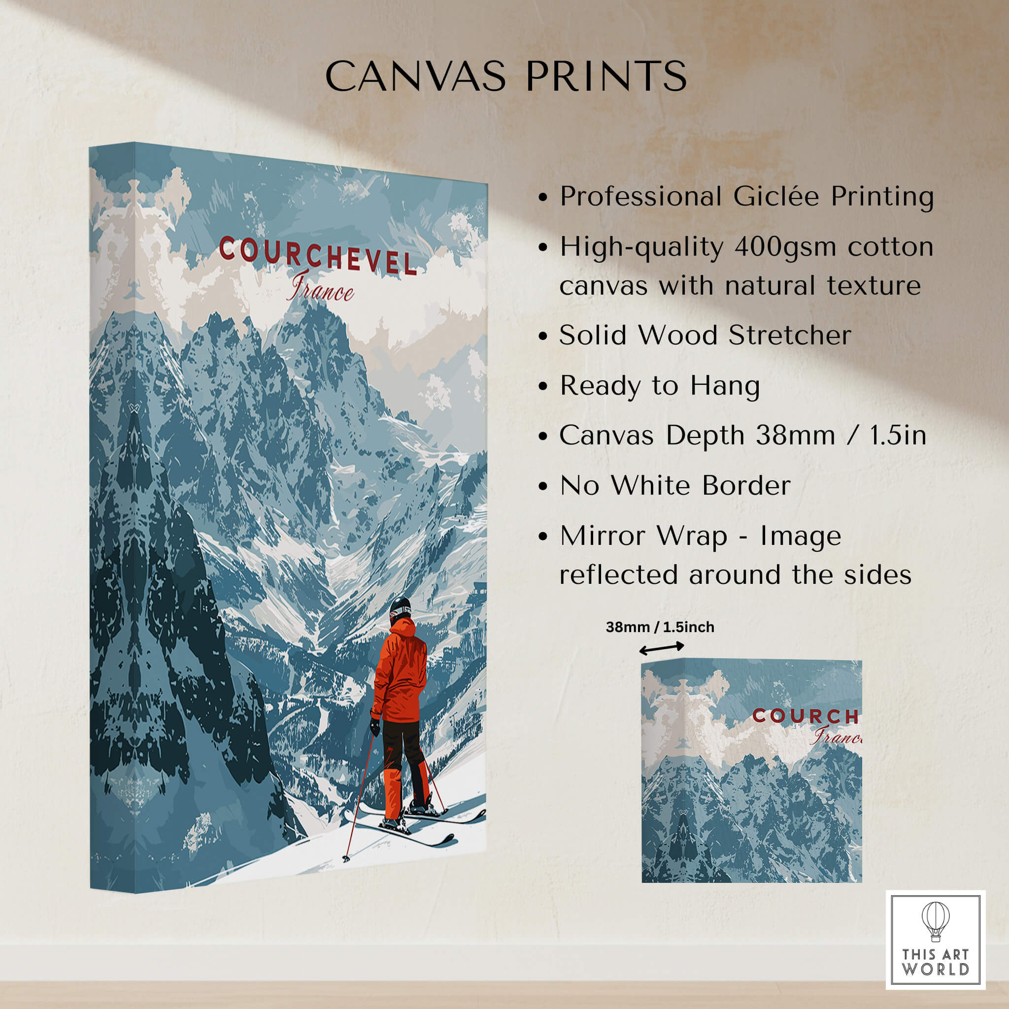 Courchevel Ski Poster showcasing a skier on a mountain with detailed info on canvas print features.