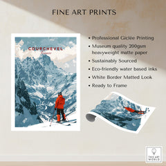 Courchevel Ski Poster featuring a skier in the mountains, perfect wall art for skiing enthusiasts.