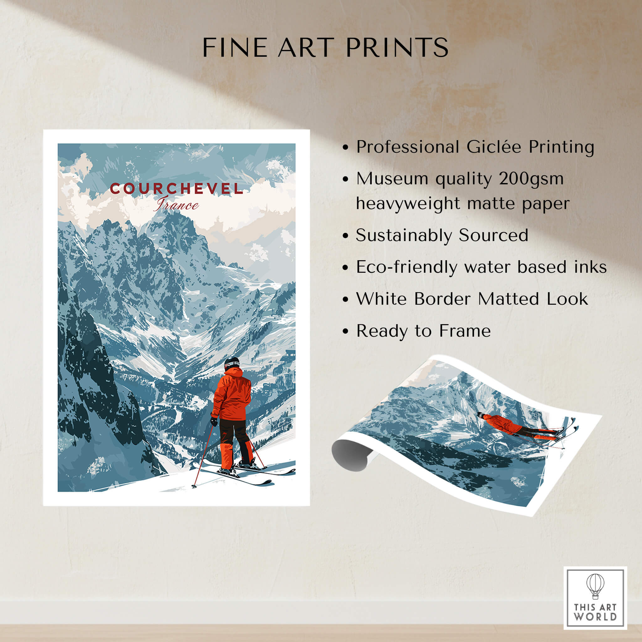 Courchevel Ski Poster featuring a skier in the mountains, perfect wall art for skiing enthusiasts.