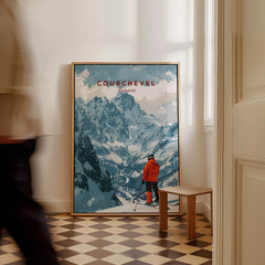 Courchevel Ski Poster depicting a skier in front of snowy mountains, perfect for skiing enthusiasts and wall art.