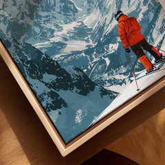 Courchevel Ski Poster showcasing a skier in an orange jacket on snowy slopes with mountains in the background.