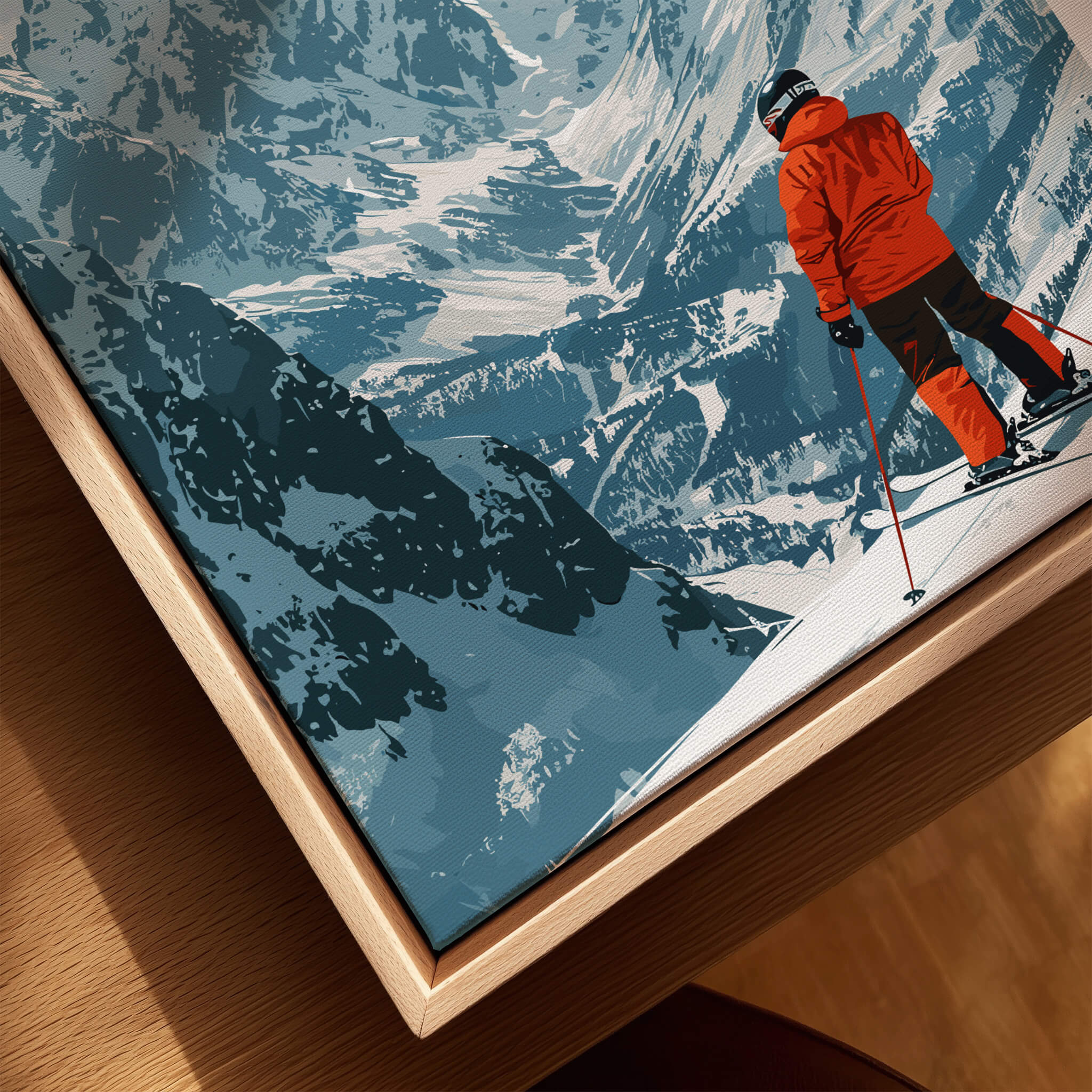 Courchevel Ski Poster showcasing a skier in an orange jacket on snowy slopes with mountains in the background.