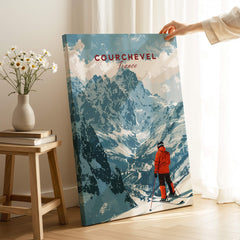 Courchevel Ski Poster featuring a skier on the slopes with stunning mountain backdrop in France.