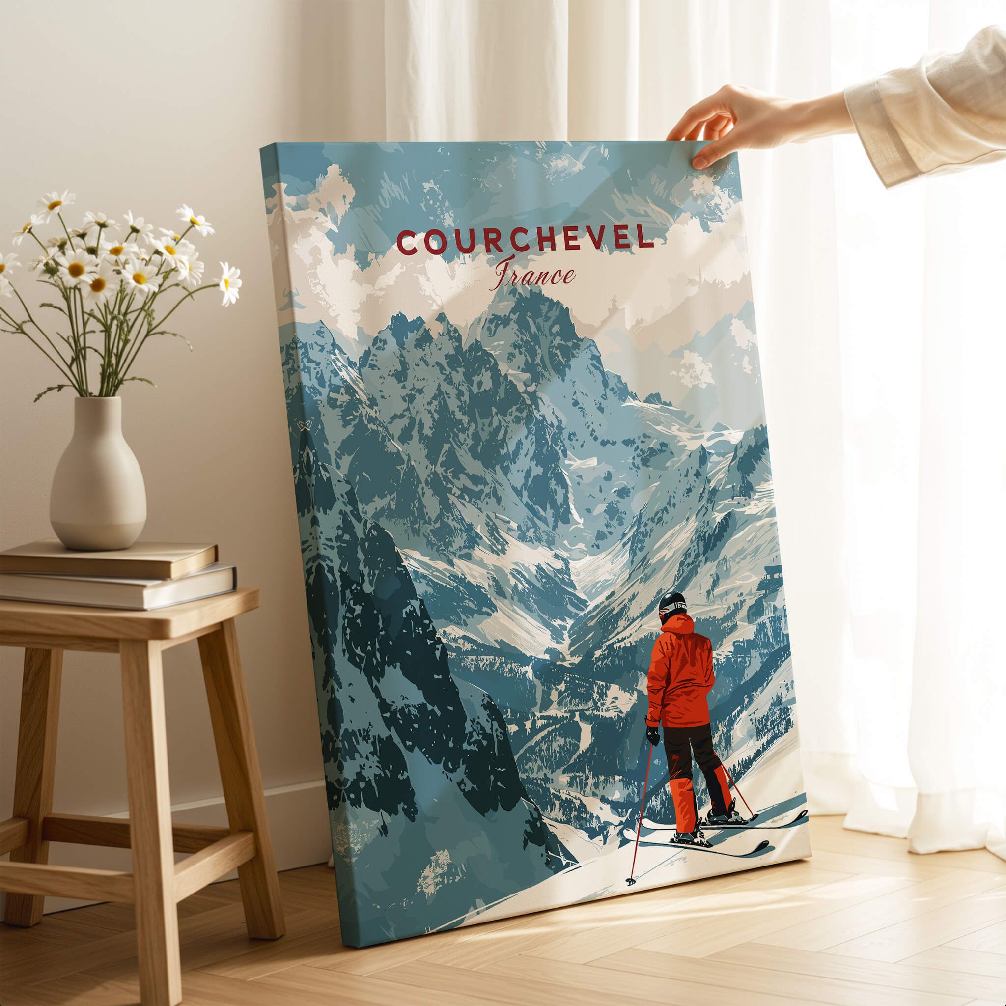 Courchevel Ski Poster featuring a skier on the slopes with stunning mountain backdrop in France.