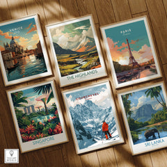 Courchevel Ski Poster among other travel art prints, showcasing stunning ski resort imagery and adventure themes.