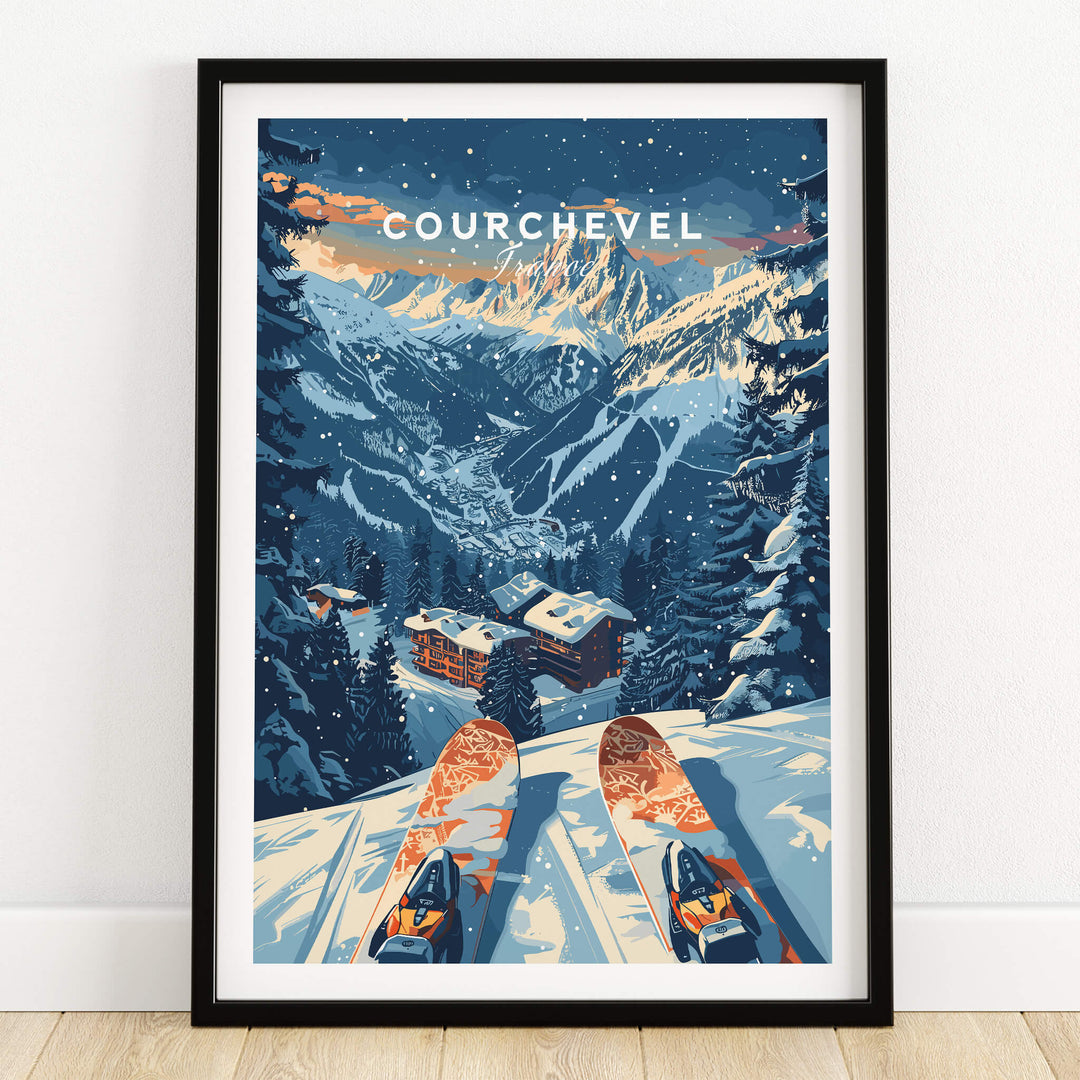 Courchevel Print France ski poster featuring stunning French Alps scenery and vibrant ski gear.