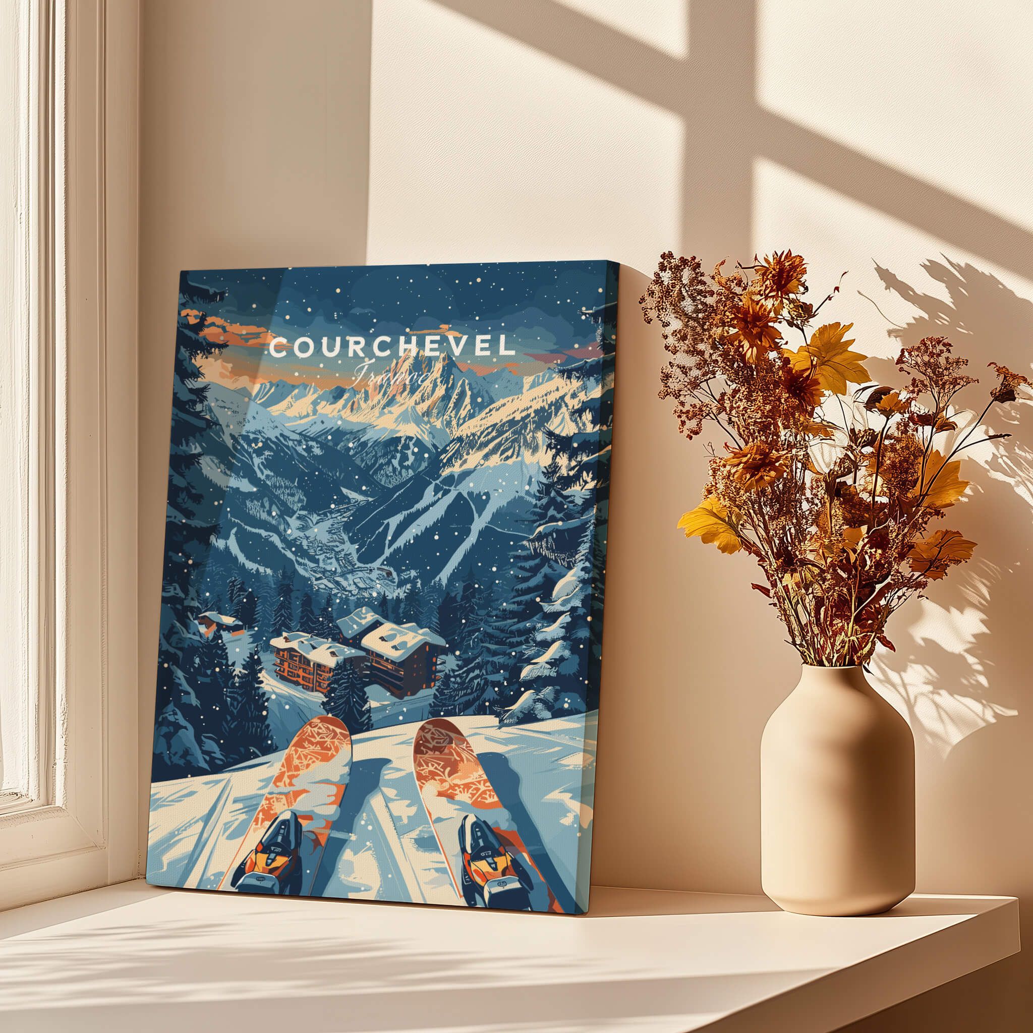 Courchevel Print France ski poster showcasing snowy mountains and ski tracks, perfect for winter sports enthusiasts.