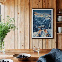 Courchevel Print France ski poster displayed in a cozy wooden interior, showcasing the stunning French Alps.