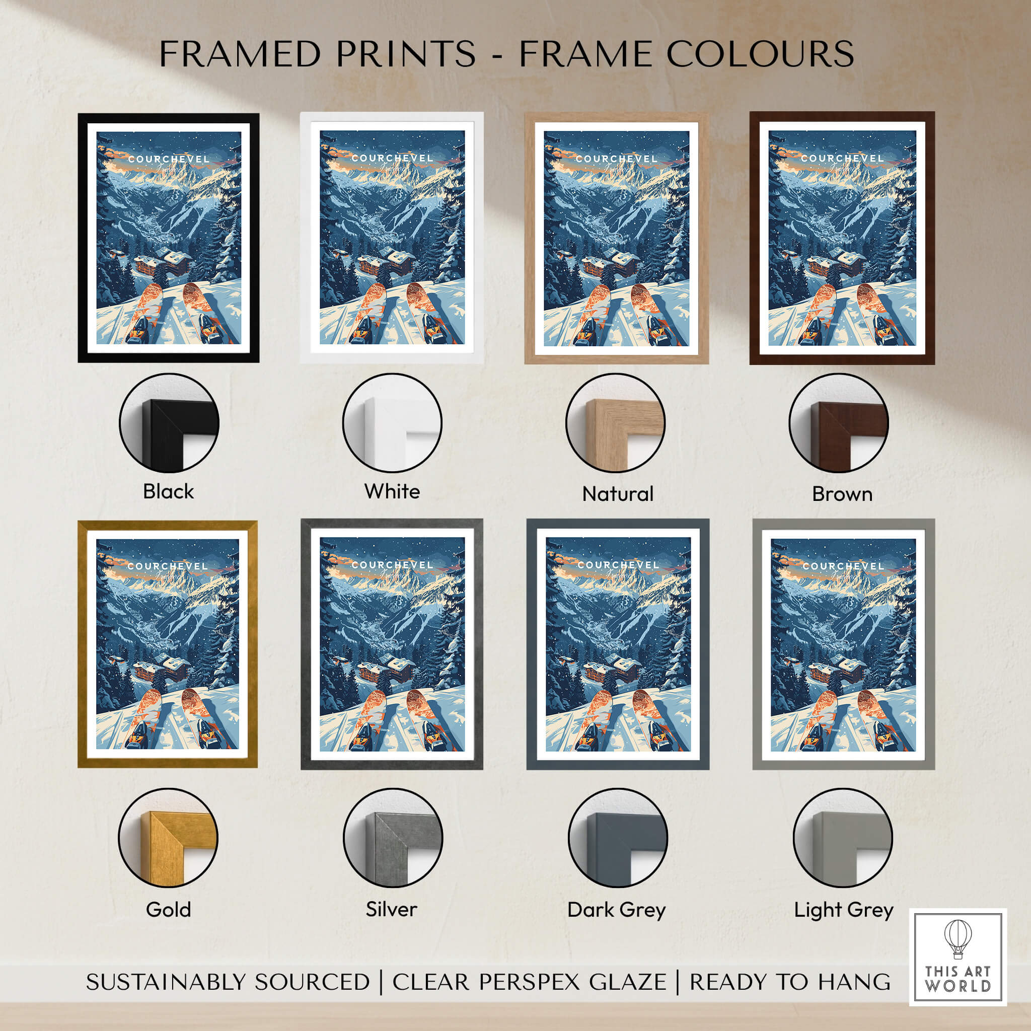 Framed Courchevel Print France available in multiple frame colors including black, white, natural, and more.