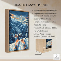 Framed Courchevel Print France showcasing snow-covered mountains and skiers, perfect for winter sport enthusiasts.