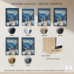 Framed canvas options for Courchevel Print France in various colours including black, white, natural, brown, gold, and silver.