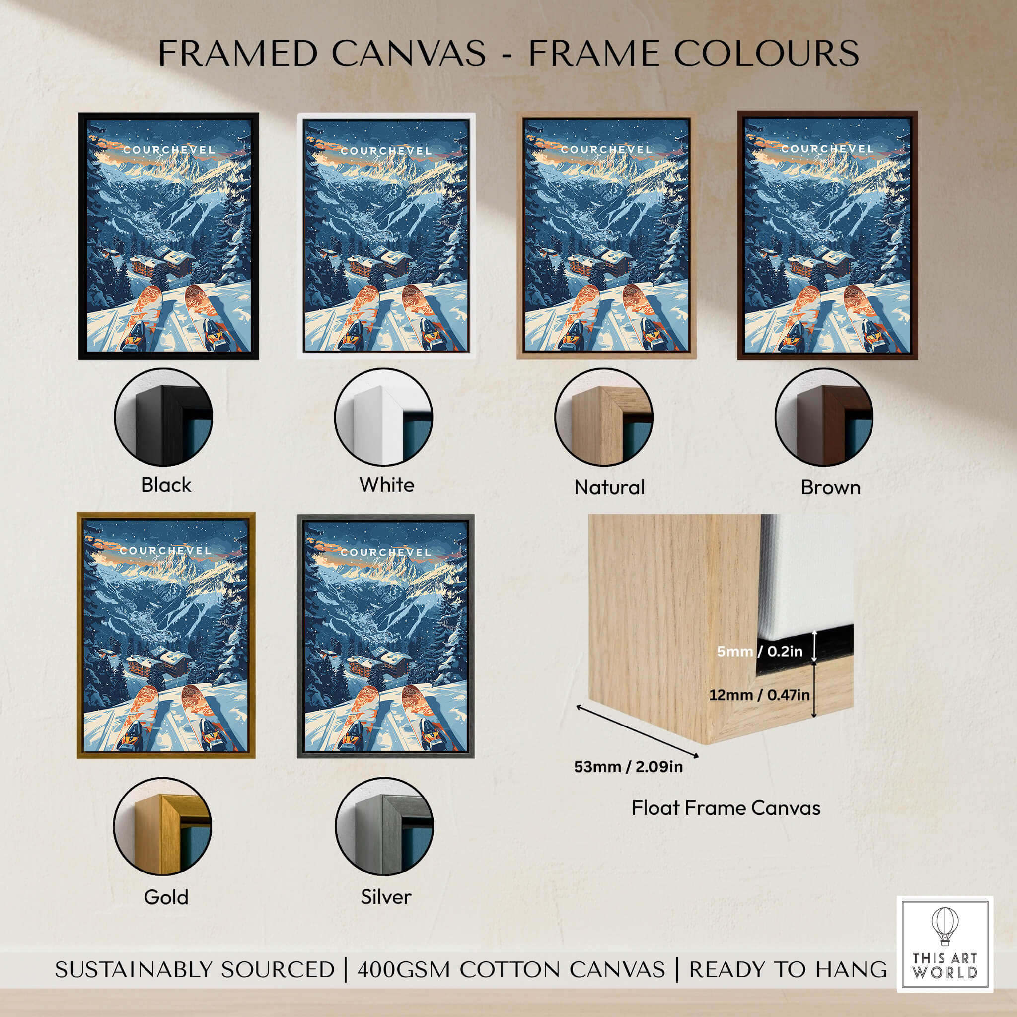 Framed canvas options for Courchevel Print France in various colours including black, white, natural, brown, gold, and silver.