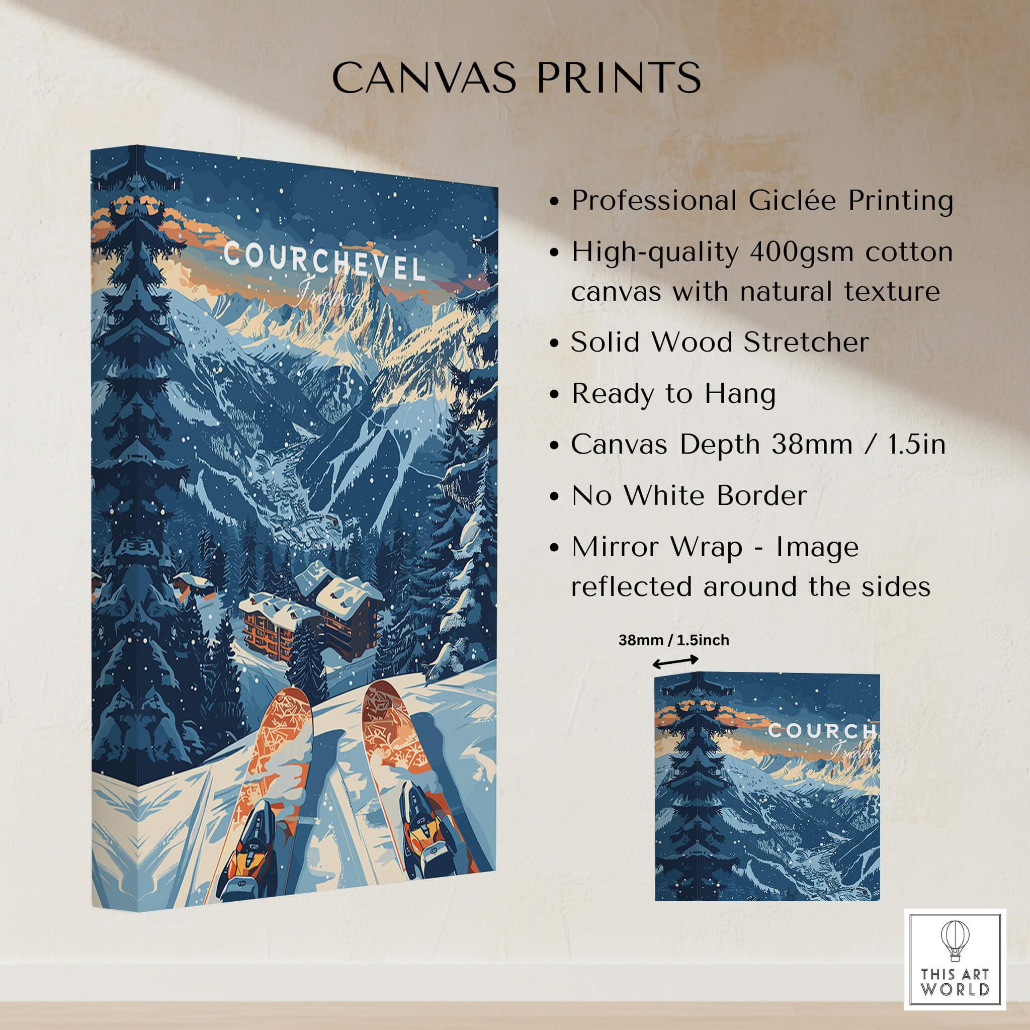 Courchevel Print France canvas print showcasing stunning snowy mountains and skiing features.