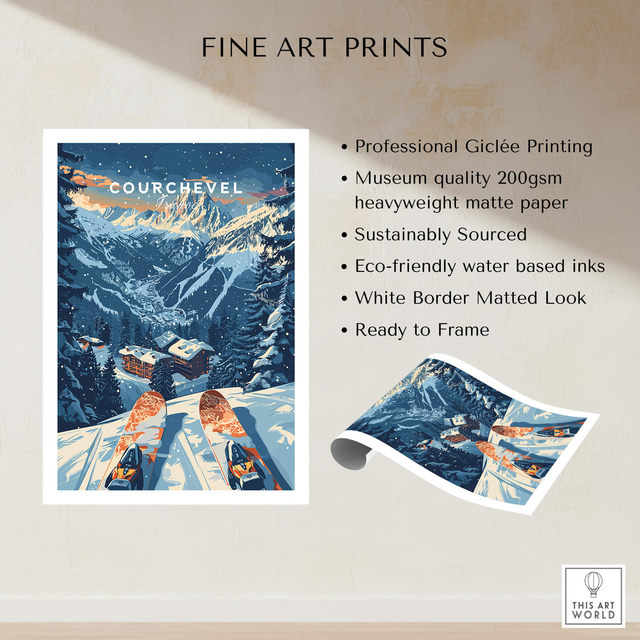 Courchevel Print France ski poster showcasing the beauty of the French Alps and winter sports.