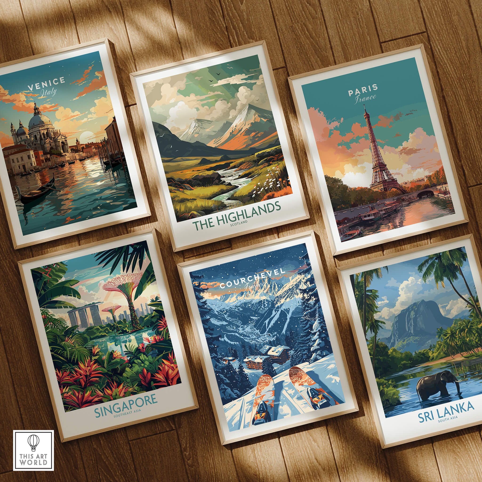 Collection of travel posters including Courchevel Print France, showcasing iconic destinations and stunning landscapes.