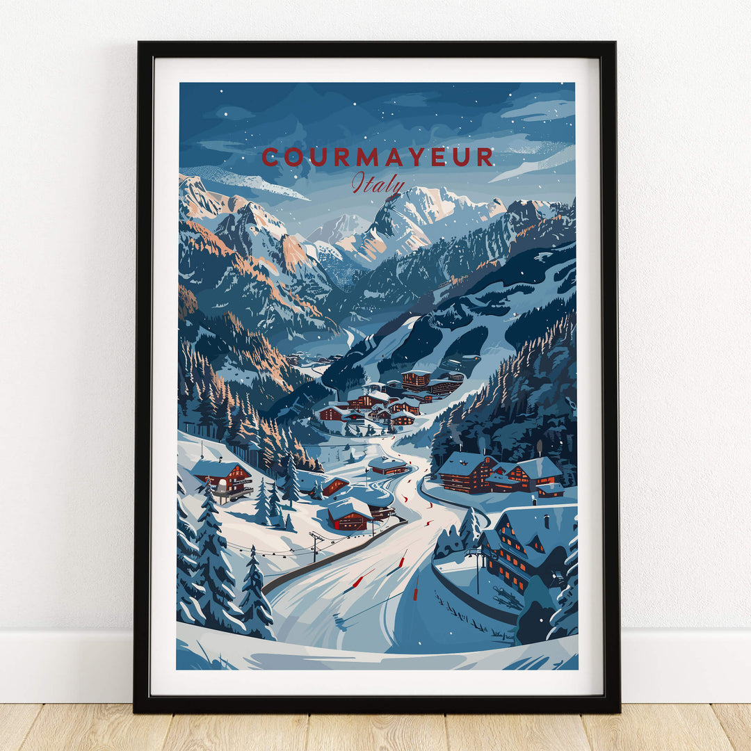 Courmayeur Travel Poster - Italy showcasing a picturesque winter landscape with charming chalets and snowy mountains.