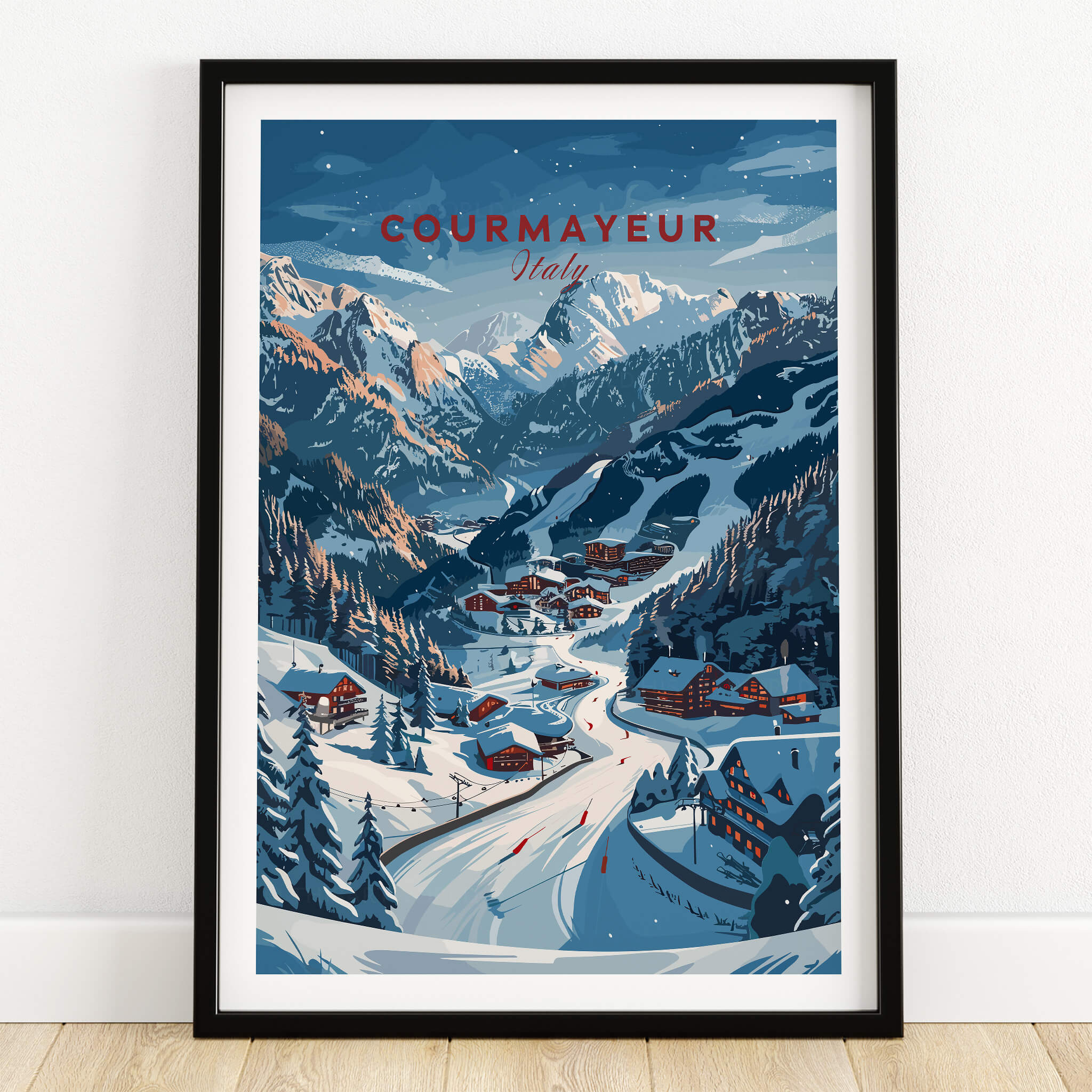 Courmayeur Travel Poster - Italy showcasing a picturesque winter landscape with charming chalets and snowy mountains.