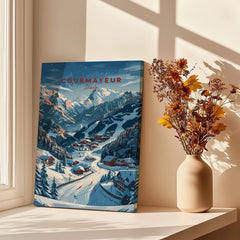 Courmayeur Travel Poster -  Italy featuring a snowy mountain landscape and charming ski village.