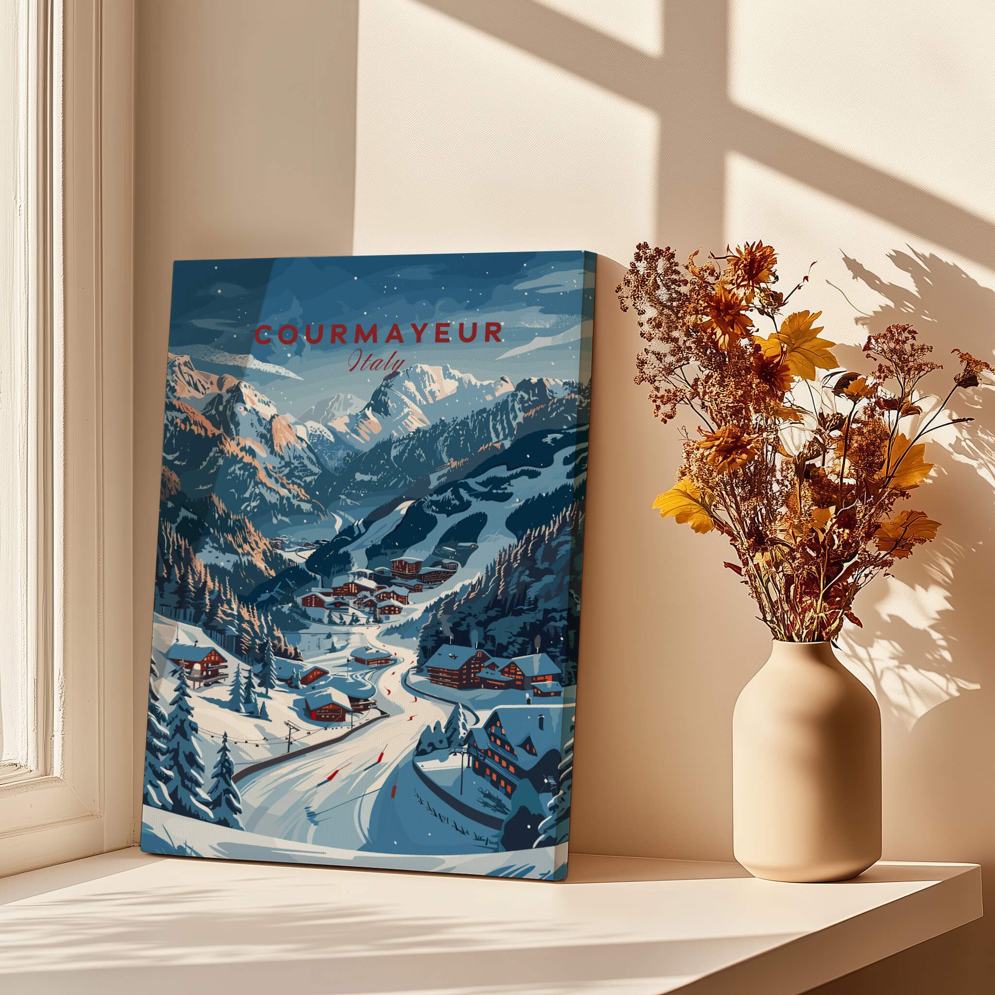 Courmayeur Travel Poster -  Italy featuring a snowy mountain landscape and charming ski village.