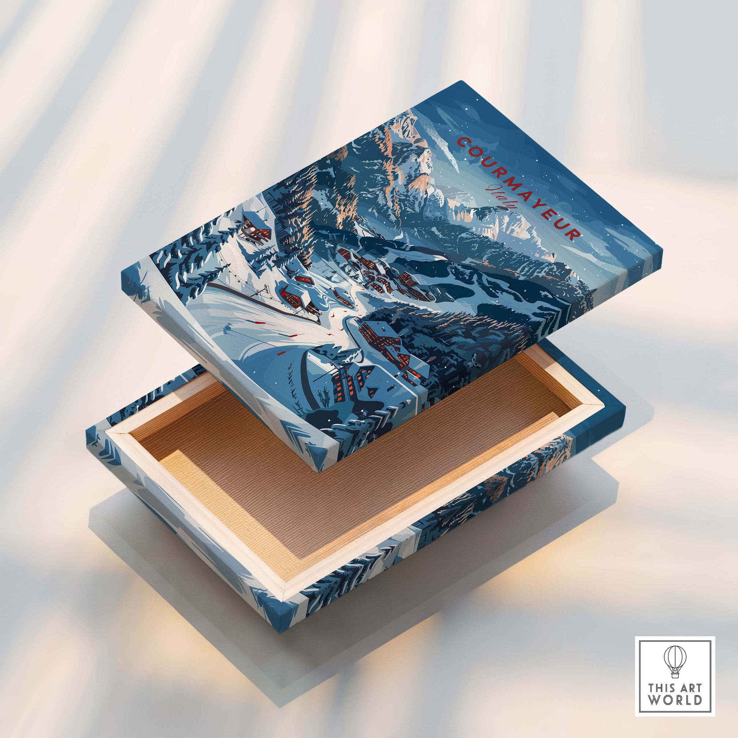Courmayeur Travel Poster - Italy printed on a decorative box showcasing the scenic beauty of Courmayeur.