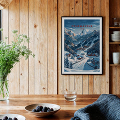 Courmayeur Travel Poster - Italy showcasing a picturesque winter landscape with mountains and charming village scenes.