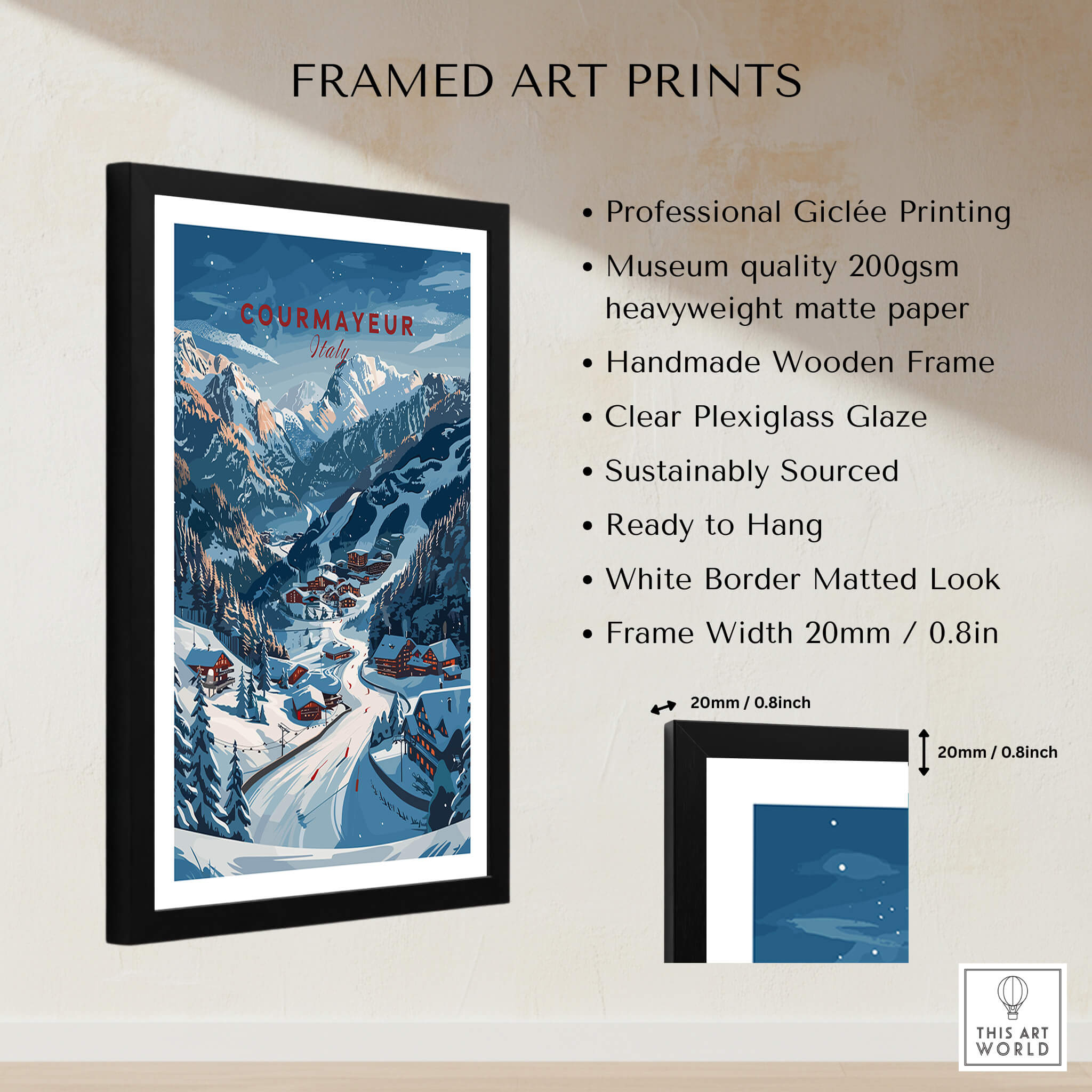 Courmayeur Travel Poster - Italy framed art print with a snowy mountain scene and charming Italian village.