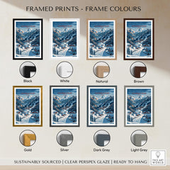 Framed prints of Courmayeur Travel Poster - Italy in various frame colors including black, white, natural, brown, gold, and silver.
