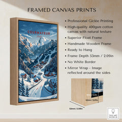 Courmayeur Travel Poster - Italy framed canvas print showcasing snowy mountains and charming village.