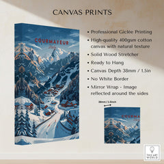 Courmayeur Travel Poster - Italy showcasing ski resort beauty with vivid colors and natural textures on canvas.