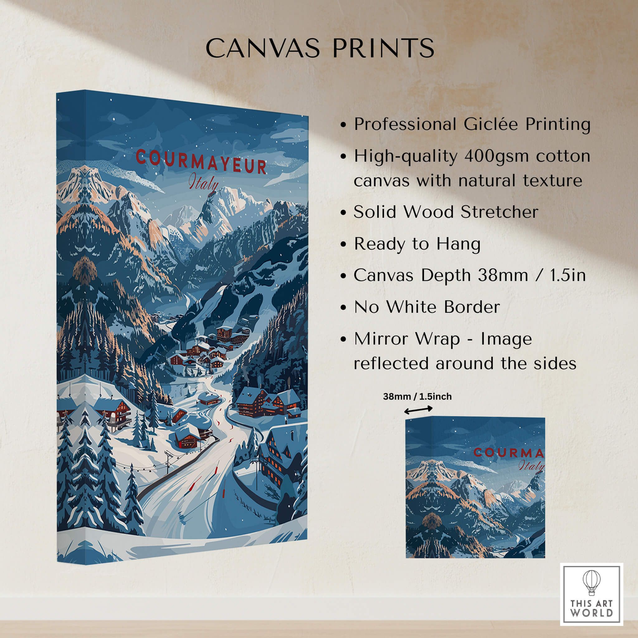 Courmayeur Travel Poster - Italy showcasing ski resort beauty with vivid colors and natural textures on canvas.