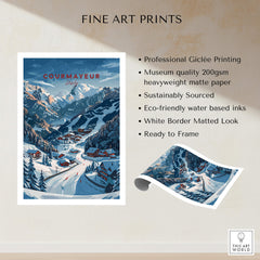Courmayeur Travel Poster - Italy showcasing a picturesque ski scene with vibrant colors and professional printing features.