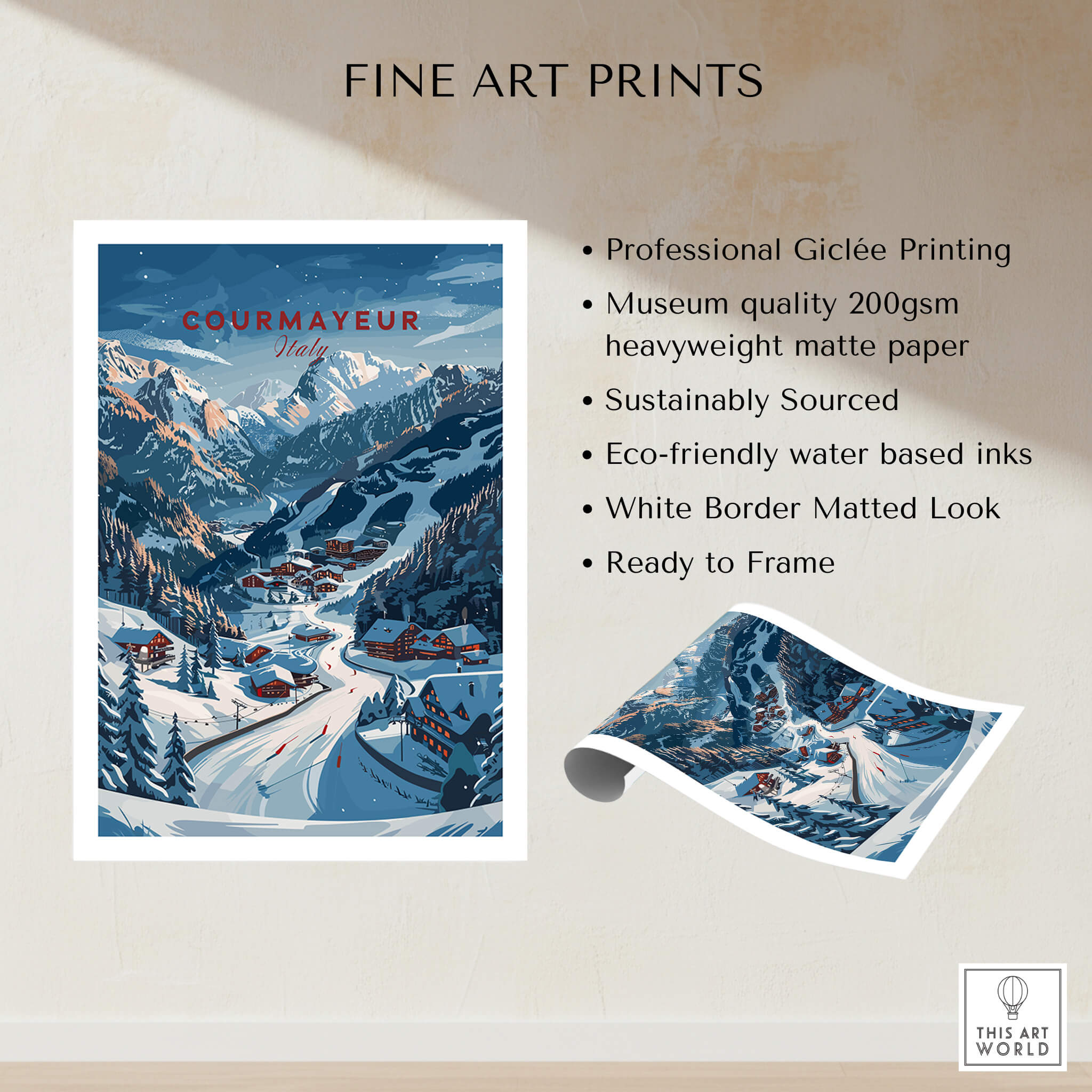 Courmayeur Travel Poster - Italy showcasing a picturesque ski scene with vibrant colors and professional printing features.