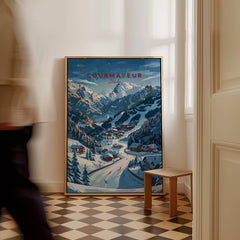 Courmayeur Travel Poster - Italy showcasing a picturesque winter landscape with mountains and ski resorts.
