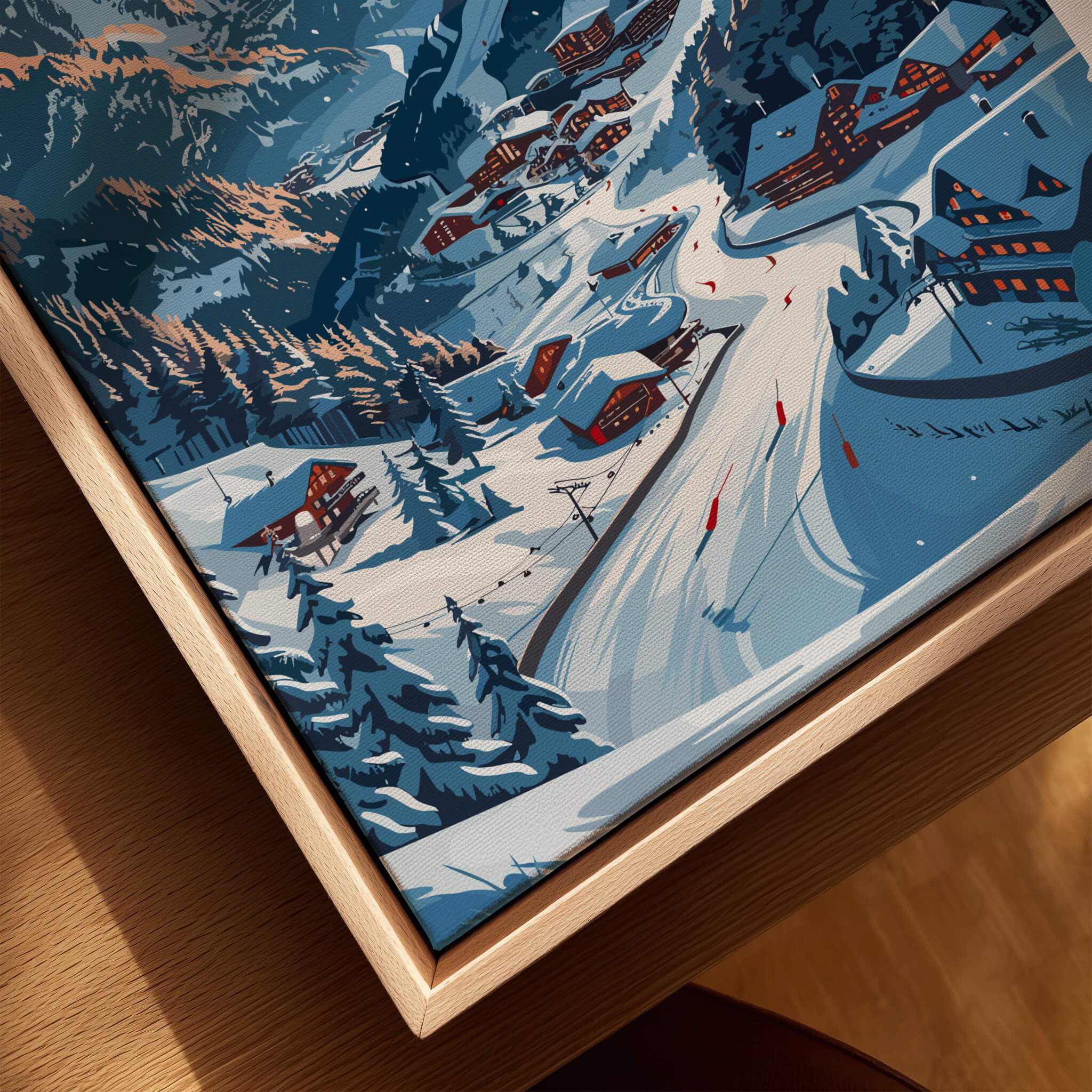 Courmayeur Travel Poster - Italy showcasing snowy slopes and charming alpine village in winter scenery.