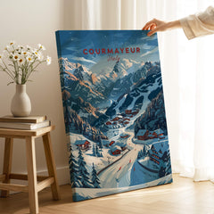 Courmayeur Travel Poster - Italy showcasing stunning winter scenery and charming ski village of Courmayeur.