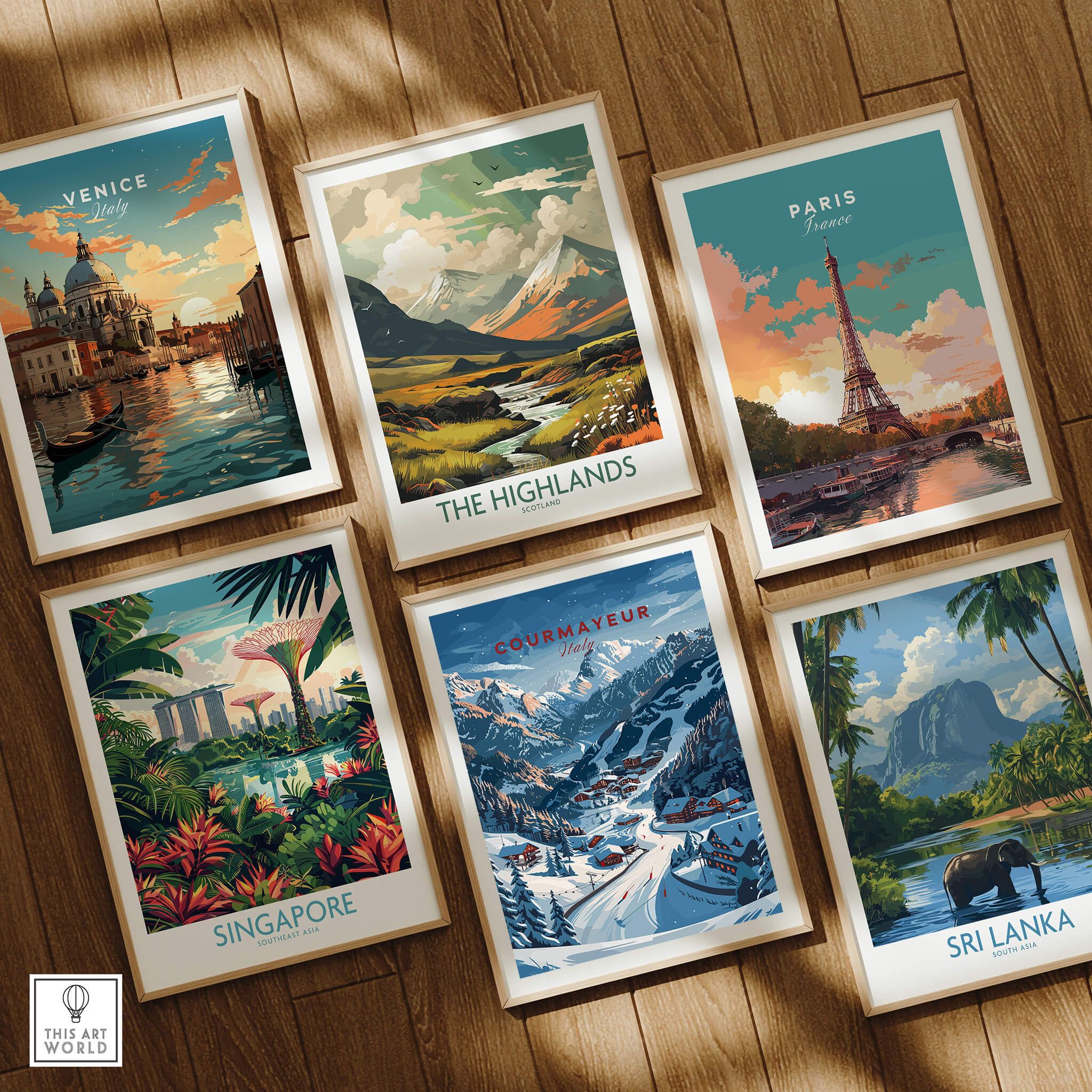 Courmayeur Travel Poster - Italy among framed travel prints of Venice, Paris, Singapore, The Highlands, and Sri Lanka.