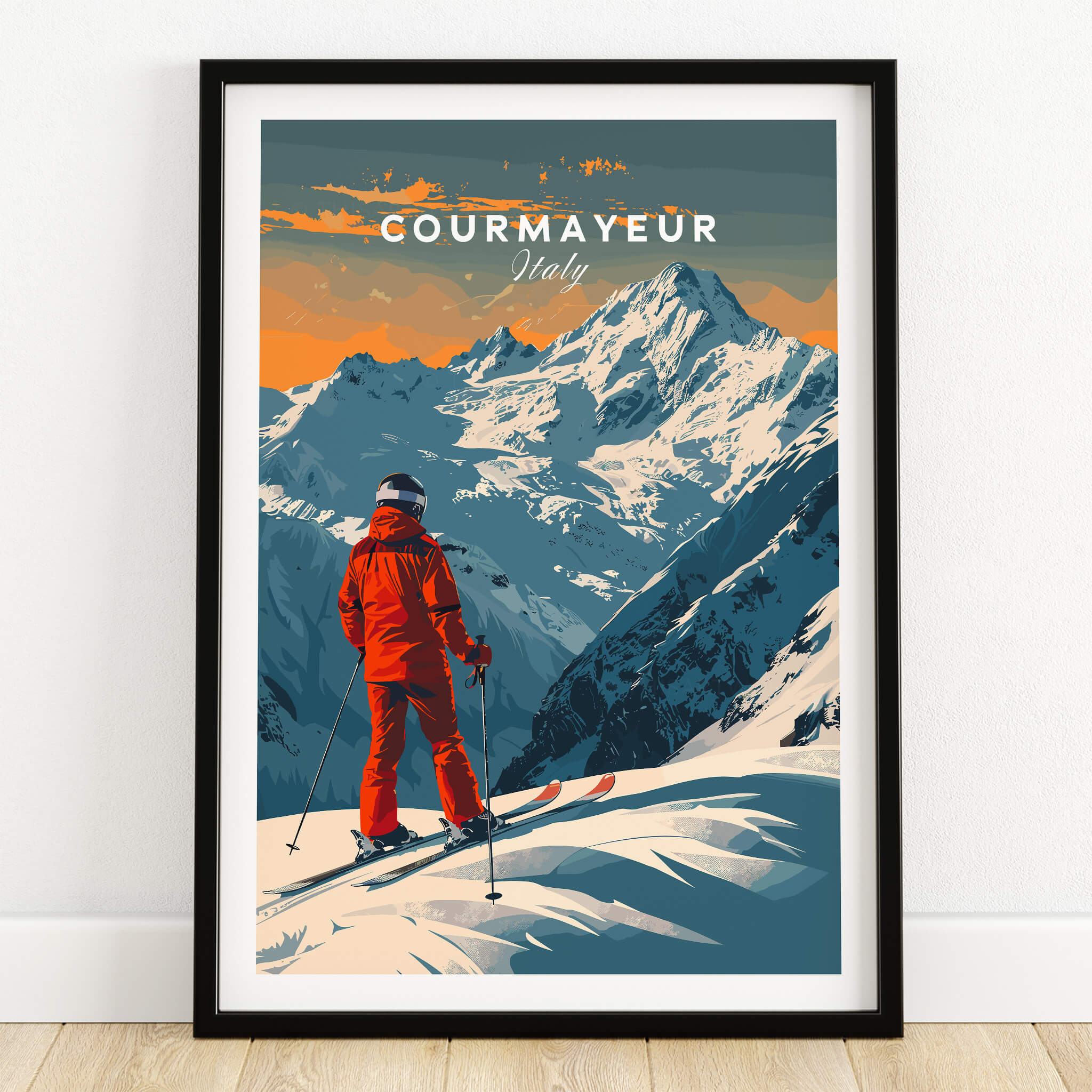 Courmayeur Ski Poster - Italy showcasing a skier against the stunning backdrop of the Italian Alps.