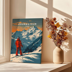 Courmayeur Ski Poster - Italy featuring a skier atop snowy mountains against a colorful sky.